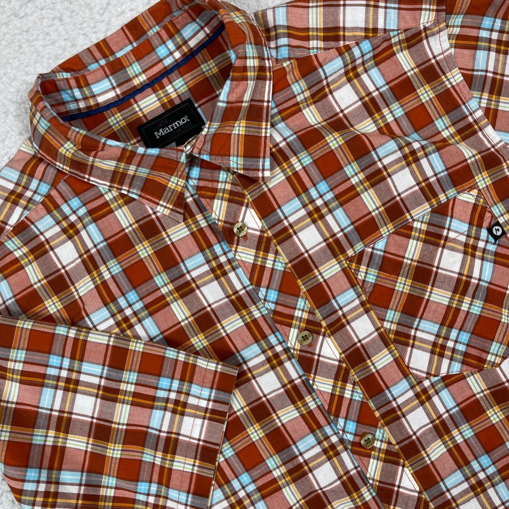 Marmot Button Down Shirt Mens Large Orange Plaid Short Sleeve Outdoor Hiking